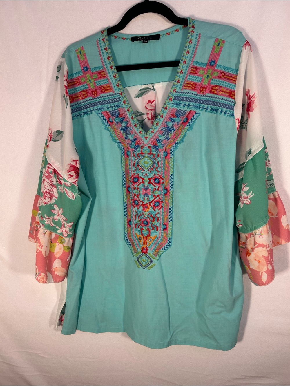 Embroidered V-Neck Turquoise Boho Tunic by Charlie B
